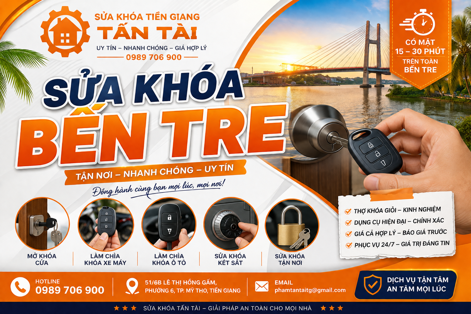 Dịch Vụ Mở Khóa Nhà Tại Bến Tre Uy Tín – Sửa Khóa Tấn Tài Hỗ Trợ 24/7